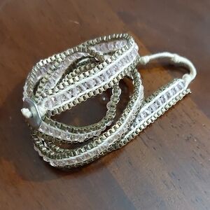 Beaded Box Chains Wrap Around Bracelet Faceted Translucent Pink and White Cords